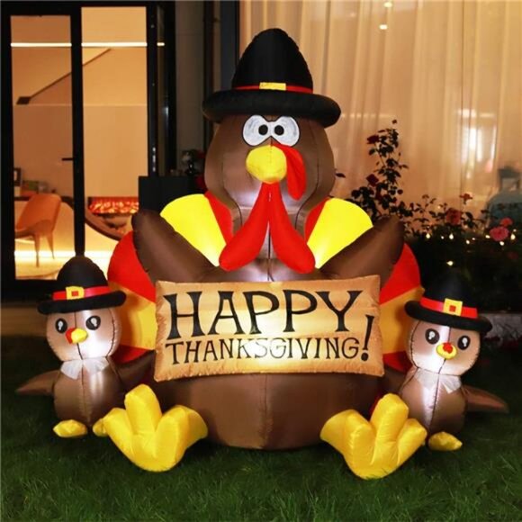 6ft Height Happy Thanksgiving Inflatable LED Lighted Turkey Family - Picture 1 of 7